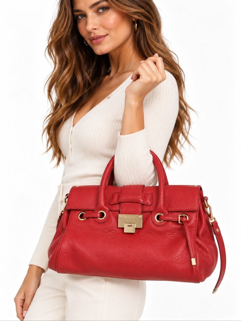 Jimmy Choo Coral Red Leather Rosalie Satchel Large Bag Crossbody Strap